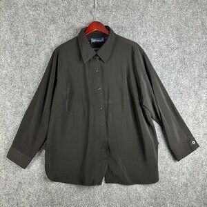 Susan Graver Top Womens 1X Button Up Black Stretch Shirt Long Sleeve Split Hem